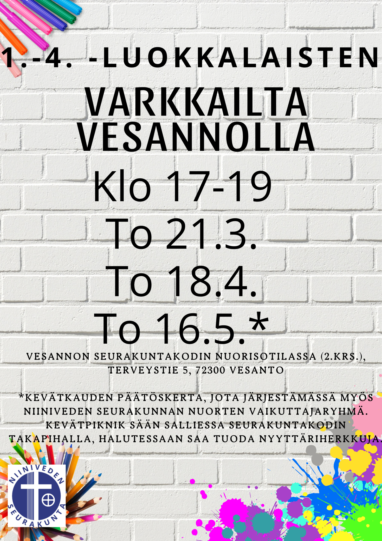 1.-4.-luokkalaisten Varkkailta Vesannon srk-kodilla to 21.3., 18.4. ja 16.5.