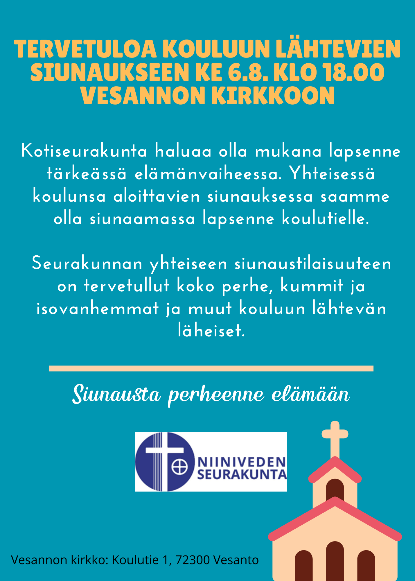 Kouluun lähtevien siunaus Koulutiensä aloittavilla on mahdollisuus tulla siunattavaksi koulunaloitusta edeltävänä iltana ke 6.8. klo 18 Vesannon kirkkoon.
