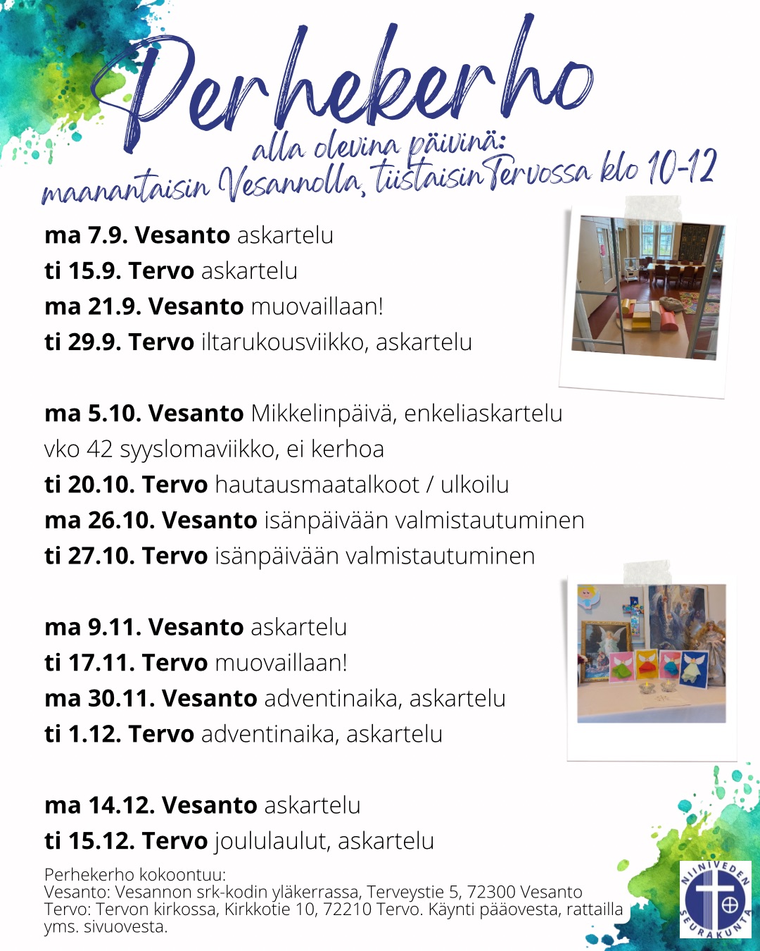 Perhekerho on lasten ja aikuisten kohtaamispaikka, johon lapsi tulee yhdessä aikuisen kanssa. Siellä on mahdollisuus tavata toisia perheitä, leikkiä ja harjoitella sosiaalisia taitoja yhdessä toisten lasten ja aikuisten kanssa ja luoda ystävyyssuhteita. Kerhossa lapset ja aikuiset puuhaavat yhdessä. Siellä hiljennytään, lauletaan, leikitään ja askarrellaankin yhdessä. Ohjelma suunnitellaan yhdessä kerholaisten kanssa.  Tervetuloa perhekerhoon!  Perhekerho kokoontuu syyskaudella 2026 Vesannolla ja Tervossa, Vesannolla seurakuntakodin yläkerran kerhotilassa ja Tervossa Tervon kirkossa (käynti pääovesta).