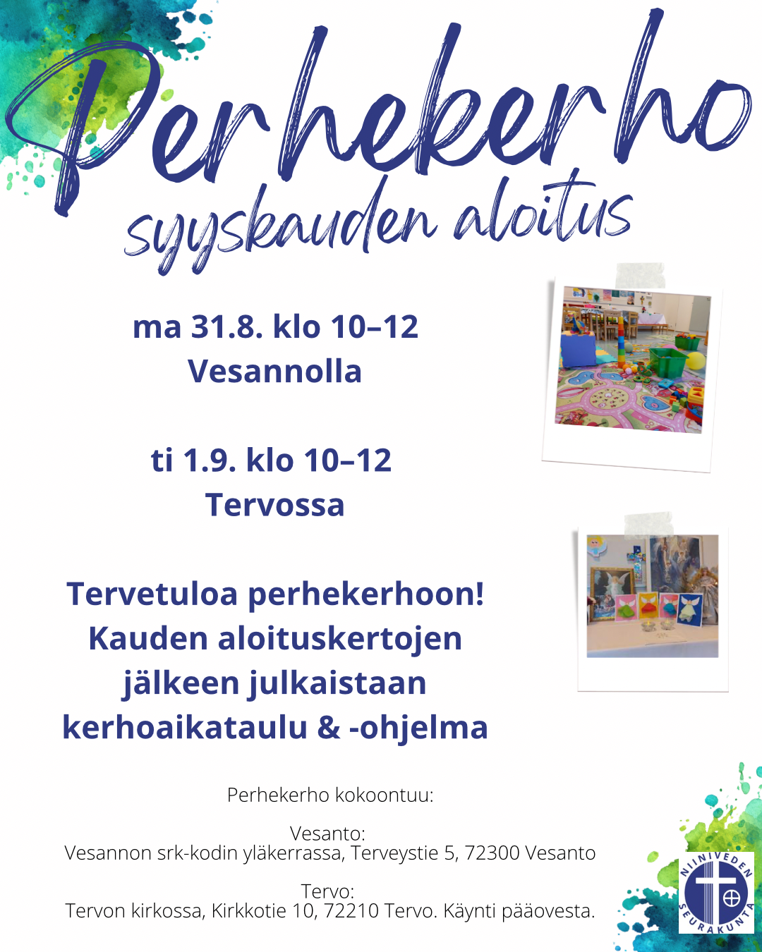 Tervetuloa perhekerhoon!  Perhekerho on lasten ja aikuisten kohtaamispaikka, johon lapsi tulee yhdessä aikuisen kanssa. Siellä on mahdollisuus tavata toisia perheitä, leikkiä ja harjoitella sosiaalisia taitoja yhdessä toisten lasten ja aikuisten kanssa ja luoda ystävyyssuhteita. Kerhossa lapset ja aikuiset puuhaavat yhdessä. Siellä hiljennytään, lauletaan, leikitään ja askarrellaankin yhdessä. Ohjelma suunnitellaan yhdessä kerholaisten kanssa.  Perhekerho kokoontuu syyskaudella 2026 Vesannolla ja Tervossa. Perhekerho kokoontuu Vesannon seurakuntakodin yläkerran kerhotilassa ja Tervon kirkossa (käynti pääovesta).  Syyskauden kerhoaikataulu & -ohjelma julkaistaan syyskauden aloituskertojen jälkeen (Vesanto ma 31.8. klo 10-12, Tervo to 1.9. klo 10-12). 