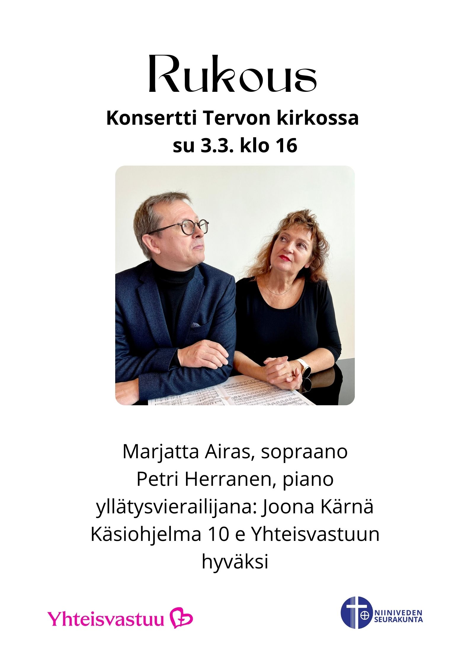 Sopraano Marjatta Airas ja pianisti Petri Herranen Tervon kirkossa 3.3.2024.