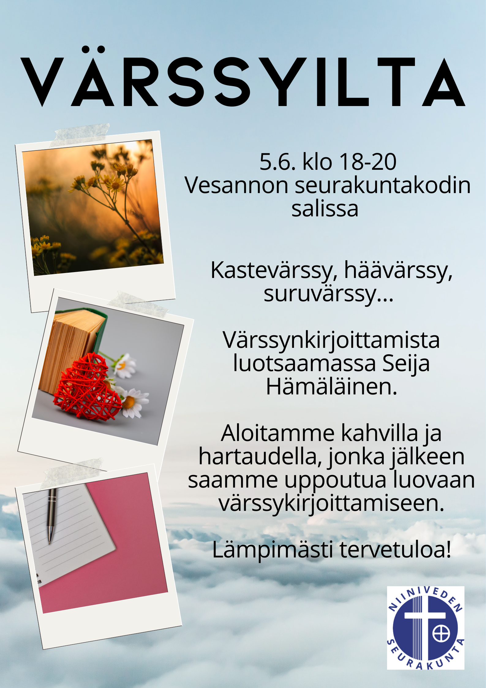 Värssyilta Vesannon srk-kodilla ma 5.6. klo 18-20. Kahvi, hartaus ja luovaa värssykirjoittamista Seija Hämäläisen johdolla.