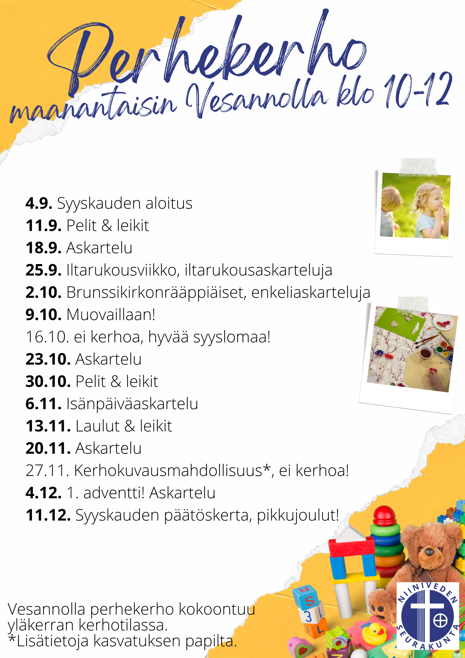 Perhekerhojen syyskausi alkaa viikolla 36. Maanantaina Vesannolla klo 10-12.