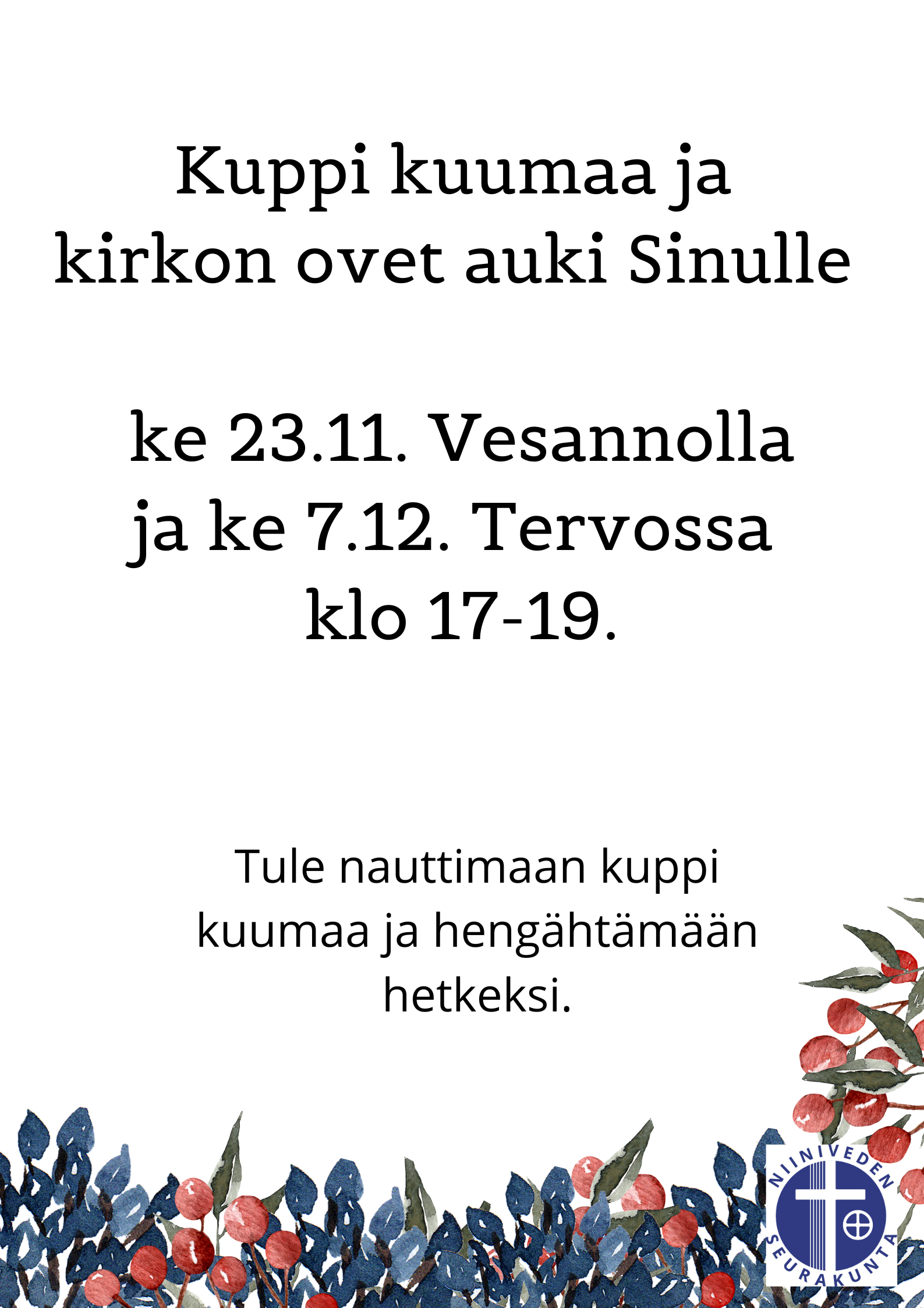 Kuppi kuumaa ja avoimet ovet Tervon kirkossa ke 7.12. klo 17-19.